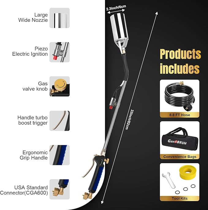 GasBRUH Propane Torch Weed Burner Kit,Weed Torch 360,000 BTU,Blow Torch with 1lb Propane Converter Hose,Blow Torch for Weeds,Wood,Roof,Ice Snow,Road, Fire Start,Charoal Start(Fuel not Included)