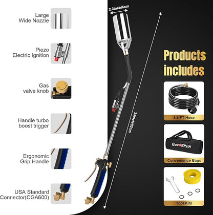 GasBRUH Propane Torch Weed Burner Kit,Weed Torch 360,000 BTU,Blow Torch with 1lb Propane Converter Hose,Blow Torch for Weeds,Wood,Roof,Ice Snow,Road, Fire Start,Charoal Start(Fuel not Included)