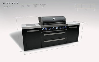 Mont Alpi MAi805-BSS Outdoor Kitchen Island Grill - 6 Burner Black Stainless Steel | 44 Inch | Side Burner, Granite Countertops, Rotisserie & Cover