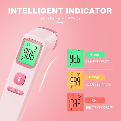 No-Touch Thermometer for Adults, Kids, Babies, 1-Sec Fast Accurate (Pink) | Fever Alarm, Large LCD with 3-Color Backlight, Silent Mode, 35-Reading Memory, Forehead & Object Mode, for Home & Clinic