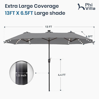 PHI VILLA 13ft Patio Umbrella w/ 120 PCS Color Changing Solar Lights, Grey | Outdoor Triple-Head Large Rectangle/Rectangular Solar-powered Market Table Umbrellas, w/ Crank Lift, for Poolside(No base)