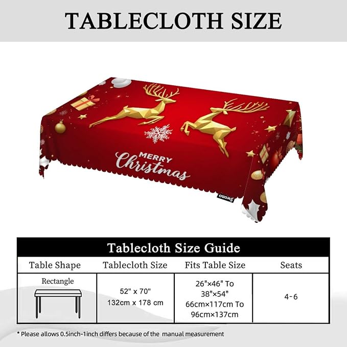 Swono Merry Christmas Table Cover Gold Christmas Deer Snowflakes 50x72 Inch Table Cloth for Rectangle Tables Buffet Parties Coffee BBQ and Dinning Tablecloth, Red