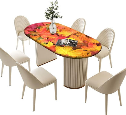 Autumn Oval Maple Leavs Fitted Table Covers, Fall Orange Yellow Leafs Pattern Print Oblong Tablecloths, Fits to 48x68 In Tables, Elastic Edged Table Cloth for Thanksgiving Day Outdoor Party and Patio