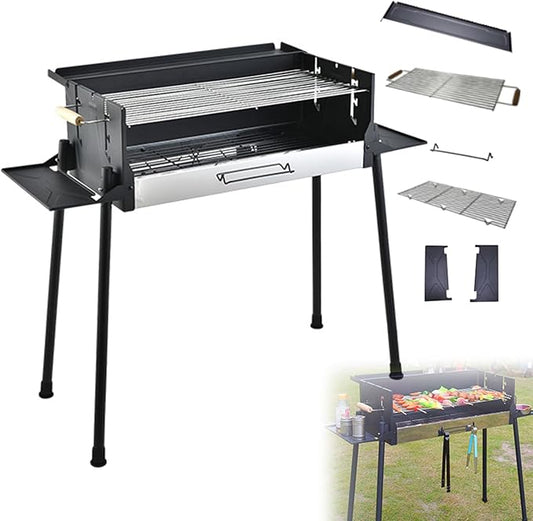 Portable Charcoal Grill, Foldable BBQ Charcoal Grill, 3 Gear Adjustable Temperature Windproof Smoker Grill, Large Camping Barbecue Charcoal Grills for Outdoor Cooking Barbecue Camping BBQ (Black)