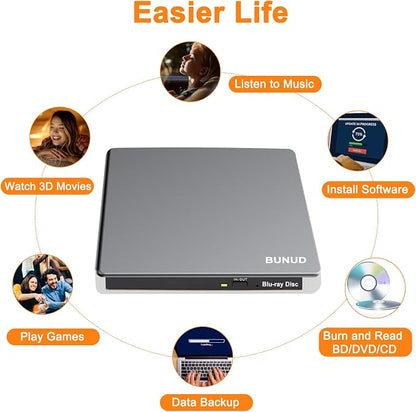 External Blu Ray CD DVD Drive, USB 3.0 Type C Blu ray Burner BD Player Read/Write Portable Bluray Drive Slim Optical Blue Ray CD DVD Reader for Laptop PC Windows 11 MacBook Pro Air Desktop Linux OS