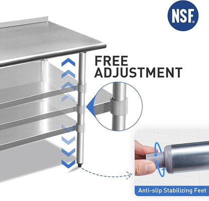 ROCKPOINT Stainless Steel Table for Prep & Work with Backsplash 18x30 Inches, NSF Metal Commercial Kitchen Heavy Duty Table with Adjustable Under Shelf and Table Foot for Restaurant, Home and Hotel