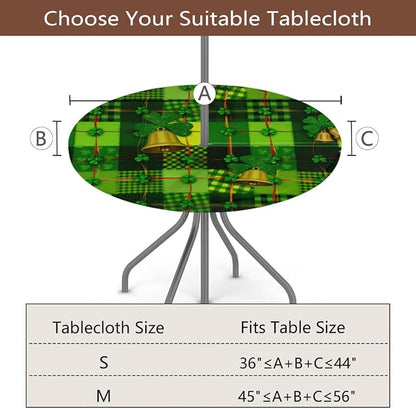 Round Outdoor Tablecloth with Umbrella Hole - Waterproof Patio Table Cover with Zipper Elastic Table Cloth Fits 45"-56" Tables for Party Cafe Garden Decor(St. Patrick's Day Green Leaves)