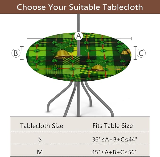 AUUXVA Round Outdoor Tablecloth with Umbrella Hole - Waterproof Patio Table Cover with Zipper Elastic Table Cloth Fits 36"-44" Tables for Party Cafe Garden Decor(St. Patrick's Day Green Leaves)