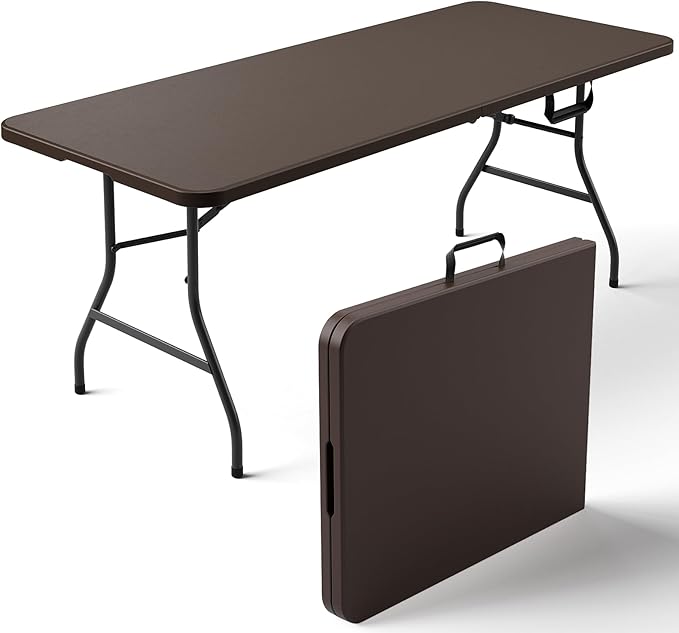 Folding Table 6FT Heavy Duty Plastic Table with Handle, Foldable&Portable, Fold-in-Half Utility Tables for Outdoor, Dining, Wedding, Events, Indoor, Picnic, Camping, Party,Brown