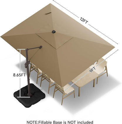 9x12 FT Cantilever Patio Umbrella, Large Rectangular Offset Outdoor Umbrella with 360° Rotation, Heavy Duty Shade Umbrella for Garden Backyard Deck Poolside Courtyard, Brown