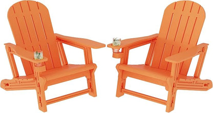 Shintenchi Adirondack Chairs Set of 2,HDPE Adirondack Chairs w/Removable Tablelop & Umbrella Hole,All-Weather Wooden Textured Plastic Outdoor Chairs w/Cup Holders for Garden Backyard Pool,Orange