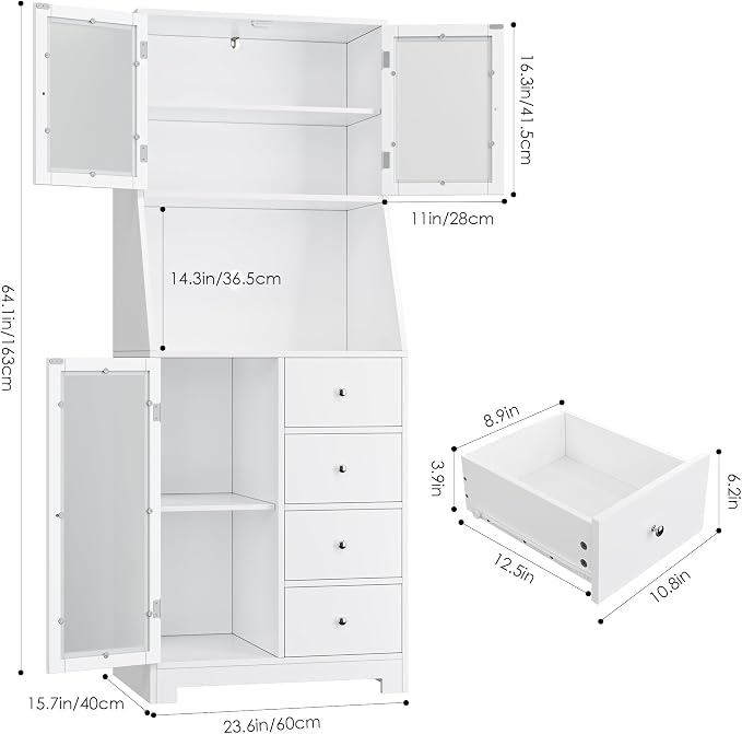 BOTLOG 64'' Kitchen Pantry Storage Cabinet, Tall Kitchen Storage Cabinet with Microwave Stand, Hutch Cabinet with Adjustable Shelves, for Dining Room (White) | Save Space, Microwave Stand, Hutch Cabinet for Dining Room, Kitchen, Modern White