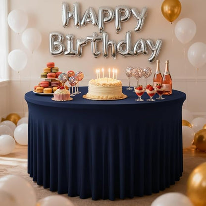 Fitted Navy Spandex Table Skirts for Wedding Party,60 Inch Round,6 Pack | Spandex Table Covers, For 5 Ft Wedding Cake Tables, Wrinkle Resistant, Ruffle Design Banquets, Baby Showers, Parties