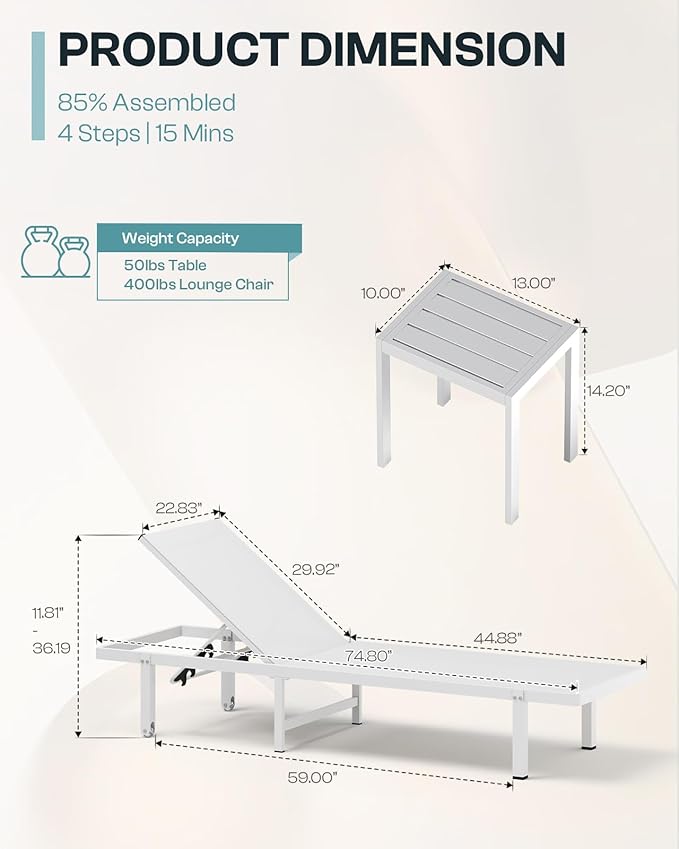 Pool Lounge Chairs Set of 2, Aluminum Outdoor Lounge Chairs with Wheels and 5-Position Recliner -Easy to Move- Patio Chaise Lounge Outdoor for Poolside, Deck, Beach (White)