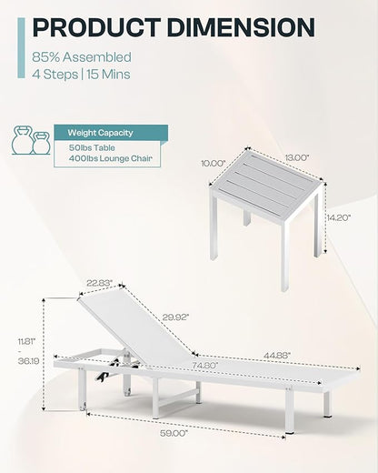 Pool Lounge Chairs Set of 2, Aluminum Outdoor Lounge Chairs with Wheels and 5-Position Recliner -Easy to Move- Patio Chaise Lounge Outdoor for Poolside, Deck, Beach (White)