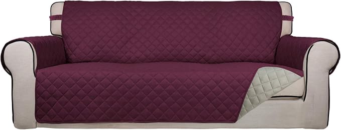PureFit Reversible Quilted Couch Covers for Dogs Oversized Sofa Cover 78” | Wine/Beige, Water Resistant Couch Protector, Washable Pet Couch Cover with Non Slip and Elastic Straps For Kids