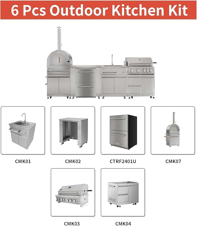 Modular Outdoor Kitchen with 30" 5 Burner Natural Gas Grill Pizza Oven BBQ Grill Cabinet 24" Undercounter Refrigerator Fridge Cabinet Sink Cabinet 6 Pcs
