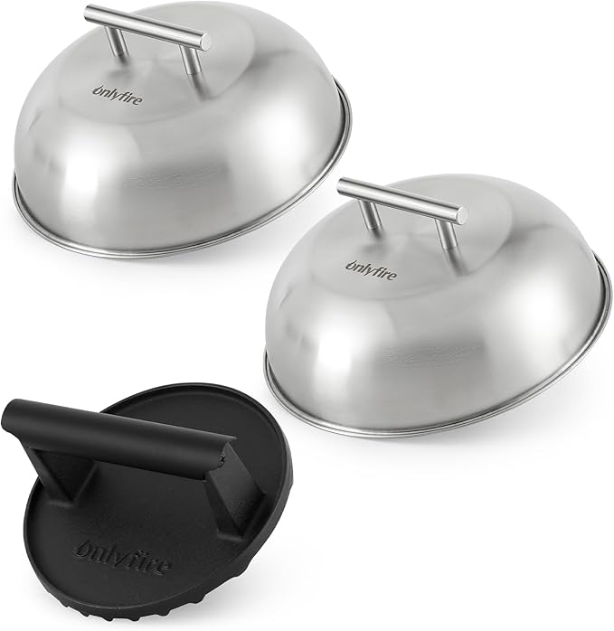 onlyfire 3pcs Griddle Accessories Kit for Blackstone, Cheese Melting Dome & Burger Press Kit for Outdoor Camping, Flat Top Teppanyaki Grilling & Steaming