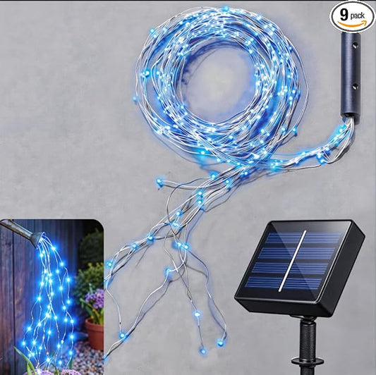 Solar Fairy String Lights Outside Blue, Multi Strand 180 LEDs Watering Can Light for Outdoor, Waterproof Solar Powered Waterfall Lights, Firefly Bunch Lights for Garden Décor