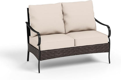 PHI VILLA Wicker & Metal Outdoor 2-Seat Patio Couch,Patio Sofa Loveseat with Deep Seating for Front Porch, Deck, Balcony, Backyard, Sunroom