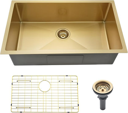 32 Inch Undermount Kitchen Sink Gold, Jshozzy 32x18 Stainless Steel Kitchen Sink Undermount 16 Gauge Gold Single Bowl Sinks Deep