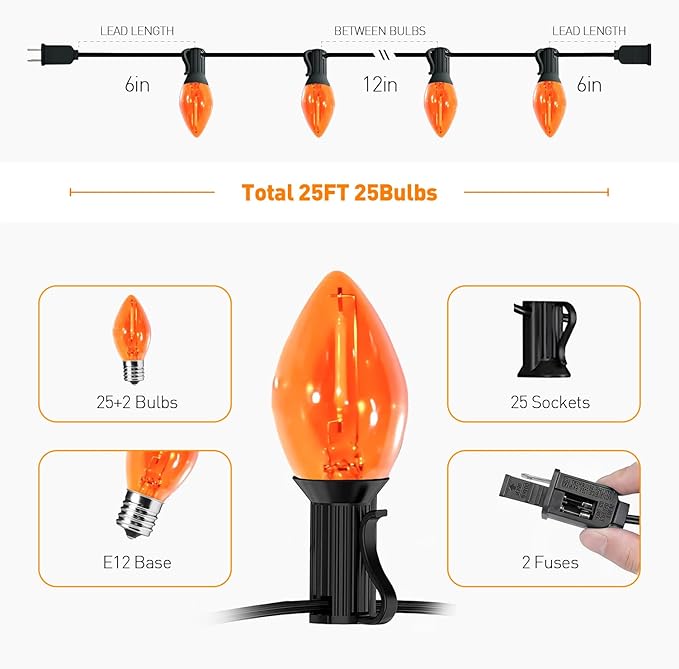 C7 Christmas Lights, Led Clear Orange Halloween Outdoor String Lights, 25FT Commercial Grade Patio Light with 27 C7 Bulbs, Hanging Lights for Indoor Outside Porch Xmas Tree Thanksgiving Décor