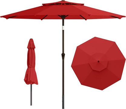 9ft 2-Tiers Patio Umbrella,Outdoor Market Table Umbrella with Push-Button Tilt & Crank | UV Protection,Suit for Backyard,Garden,Pool,Deck(Red)