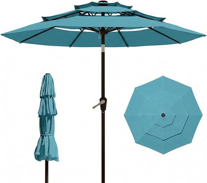10FT Patio Umbrella 3 Tiers Outdoor Market Umbrella w/Push Button Tilt, Crank, UV and Waterproof Table Umbrella for Garden, Pool, Backyard, Deck, Lawn, Sky Blue