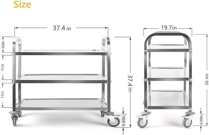 uyoyous Extra Large 3 Tier Stainless Steel Utility Cart 37x20x37 inch | Heavy Duty Rolling Cart Food Storage Service Trolley with 360° Rotatable Wheels for Kitchen Hotel Restaurant Home Use
