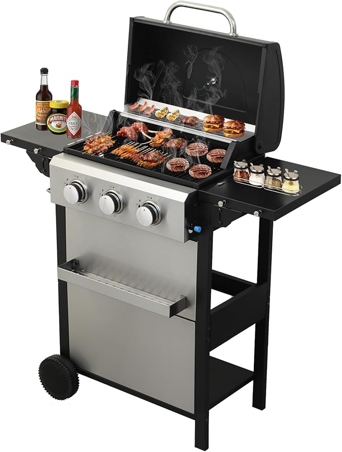 CIG GARDEN 3-Burner Propane Gas Grill,Outdoor Barbecue Grill with Side Tables and Wire Enamel Cooking Grids,31,500 BTU Output Stainless Steel BBQ Grill for Patio Garden Camping Backyard