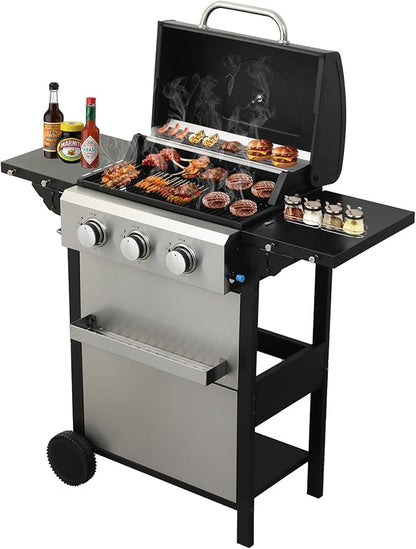 CIG GARDEN 3-Burner Propane Gas Grill,Outdoor Barbecue Grill with Side Tables and Wire Enamel Cooking Grids,31,500 BTU Output Stainless Steel BBQ Grill for Patio Garden Camping Backyard