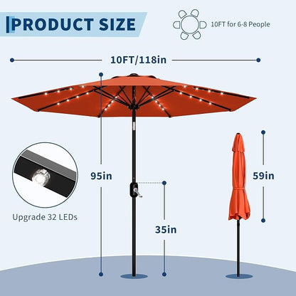 Garvee patio Umbrella with Solar Lights, Outdoor Table Umbrella with 8 Durable Ribs, Tilt & Crank Mechanism, Waterproof & UV Protection for Garden, Backyard, Poolside,