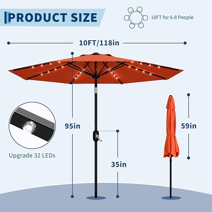 Garvee patio Umbrella with Solar Lights, Outdoor Table Umbrella with 8 Durable Ribs, Tilt & Crank Mechanism, Waterproof & UV Protection for Garden, Backyard, Poolside,