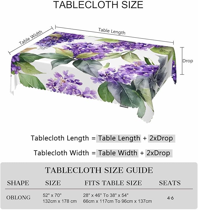Violet Tablecloth for Rectangle Tables, 52"X70", Watercolor Violet Flowers, Purple, Picnic Table Cover, Indoor/Outdoor, Stain & Wrinkle Resistant