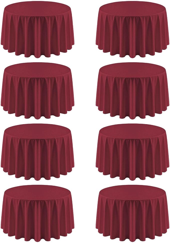 8 Pack Burgundy Round Tablecloth 120 Inch | For 4Ft-7Ft Round Table, Wrinkle Resistant Table Cloth, Washable Polyester Fabric, For Wedding Party Banquet Buffet Camping