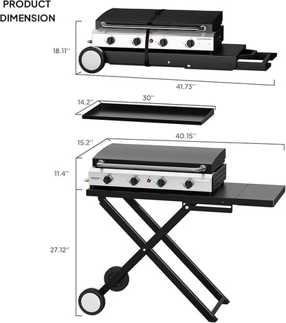 Bonnlo Foldable Flat Top Grill with 4 Burner & Lid, Powerful 40,000 BTU Propane Gas Grills with Ignition, Enamel Griddle, Side Shelf & Portable Cart with Wheels for Outdoor Camping Hibachi Grill Use