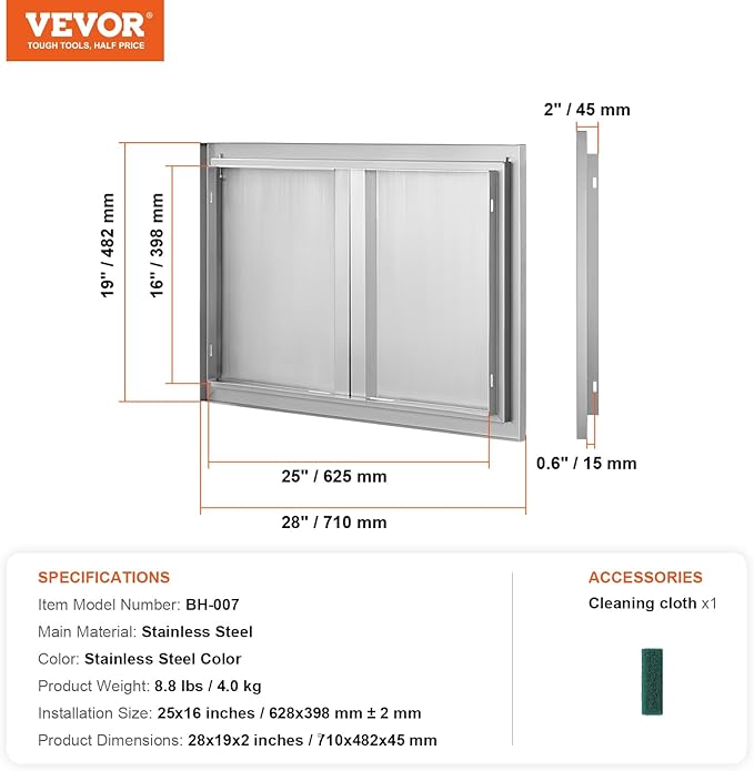 VEVOR Double Outdoor BBQ Kitchen Door, 28" W x 19" H Inch, Stainless Steel Flush Mount Vertical Door with Recessed Handles for Grilling Station