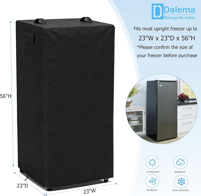 Outdoor Refrigerator Cover,600D Heavy Duty 100% Waterproof Upright Freezer Cover,Outside Stand Up Fridge Covers.Front Can Be Rolled-Up by Zippers.(Black,23" W x 23" D x 56" H)