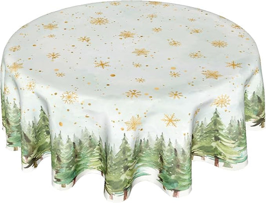 Sweetshow Winter Gold Snowflake Table Cloth Round Green Christmas Tree Tablecloth 70 Inch Winter Decor Washable Stain and Wrinkle Resistant Round Table Cover for Dining Party Picnic