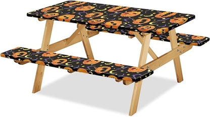 Picnic Table Cover with Bench Covers 3 PCS for Outdoor BBQ Camping Halloween Pumpkin Bat Camping Tablecloth with Elastic Band