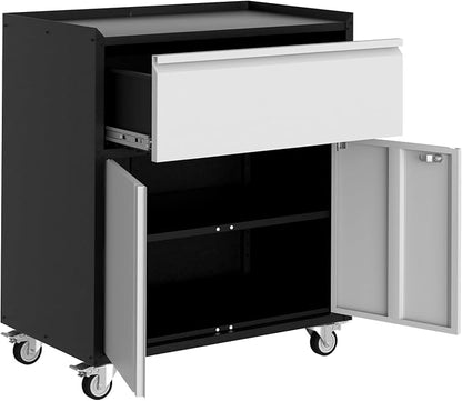GarveeHome Garage Tool Storage Cabinet, Heavy Duty Metal Rolling Cabinet with Drawer, Adjustable Shelf, Lock & 4 Wheels, Tool Cart for Home Office Workshop, Grey