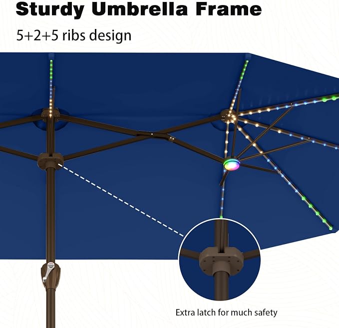 AreShark 15FT Large Rectangular Patio Umbrella with Solar Lights, Deep Navy | Rectangle Lighted Outdoor Umbrella with Crank, Double-Sided Market Umbrella with Base for Porch, Lawn, Pool, Backyard