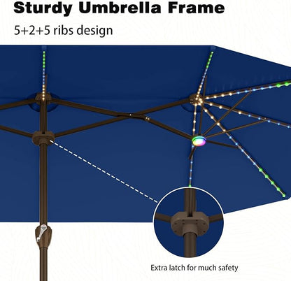 AreShark 15FT Large Rectangular Patio Umbrella with Solar Lights, Deep Navy | Rectangle Lighted Outdoor Umbrella with Crank, Double-Sided Market Umbrella with Base for Porch, Lawn, Pool, Backyard