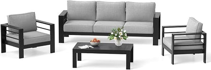 Solaste 5-Seaters Aluminum Outdoor Patio Furniture Set, Patio Sectional with 5" Thick Cushion, Outdoor Furniture with Coffee Table, Patio Sofa for Porch, Backyard, Deck, Yard, Light Grey