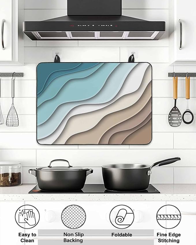 Stove Top Covers for Electric Stove 24x21 Inches, Teal Brown Ombre Cream HeatResistant Glass Cooktop Protector, Modern Geometric Sea Waves Abstract Ceramic Stovetop Countertop Covers Mat, Oven Cover