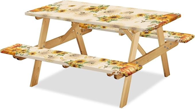 Thanksgiving Elastic Fitted Table Cloth for Outdoor Camping Pumpkin Sunflower Butterfly Camping Table Cloth for Picnic Table 3 PCS Set