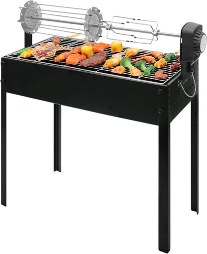 ptlsy Rotating Barbecue Charcoal Grill with Rotisserie Meat Forks & 6-Piece Skewer Set for Outdoor Cooking Camping Hiking Picnics Tailgating Backpacking or Any Outdoor Event