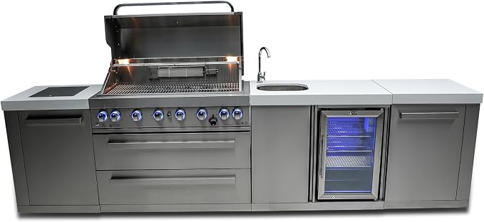 Mont Alpi Premium 132"W x 23"D x 46"H Stainless Steel Outdoor Kitchen Island with Refrigerator + 44"W 6-Burner BBQ Grill + Faucet and Sink + White Granite Countertops + Storage Cabinets and Drawers