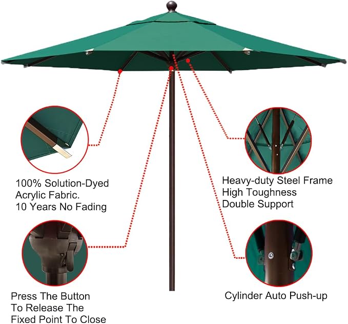 EliteShade USA 10-Year-Non-Fading 11Ft Market Umbrella Patio Outdoor Cylinder Auto Push-up Table Umbrella with Ventilation, Forest Green