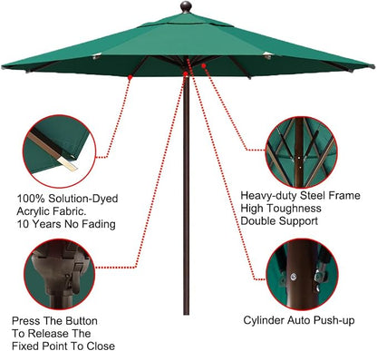 EliteShade USA 10-Year-Non-Fading 11Ft Market Umbrella Patio Outdoor Cylinder Auto Push-up Table Umbrella with Ventilation, Forest Green
